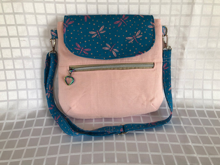 Dragonflies & Pink Linen Crossbody