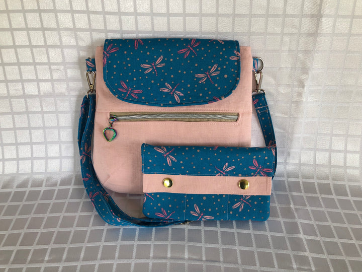 Dragonflies & Pink Linen Crossbody