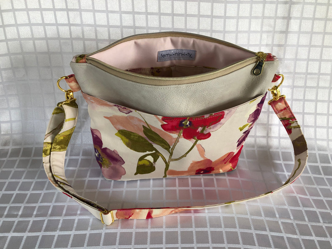 Faux Leather & Floral Medium Handbag