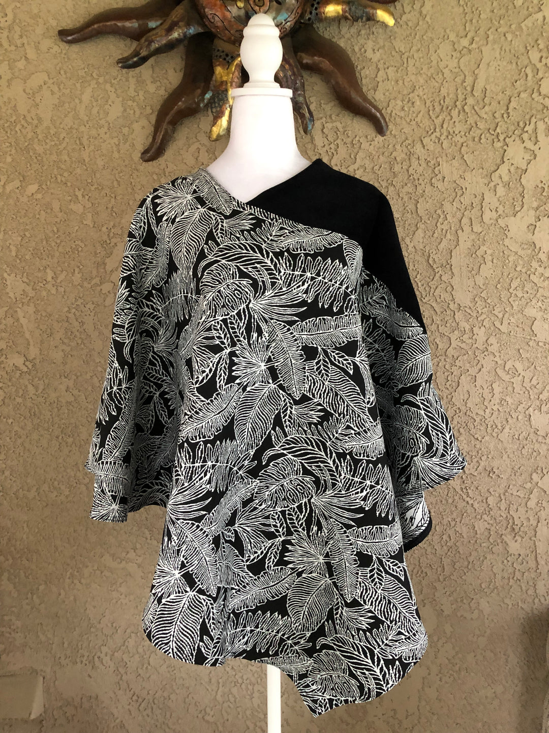 Black and White Floral with Black Ultra Suede Poncho