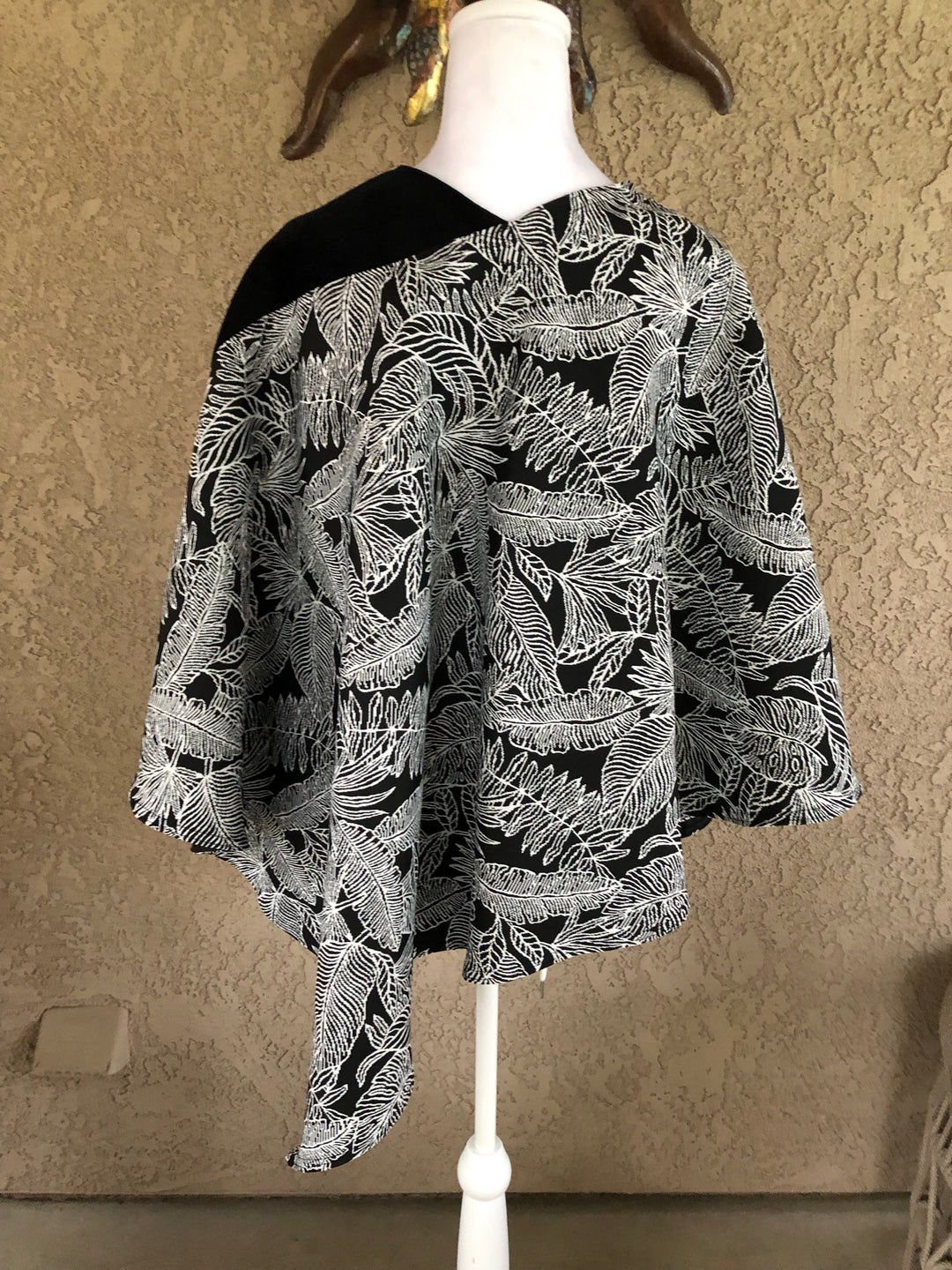 Black and White Floral with Black Ultra Suede Poncho