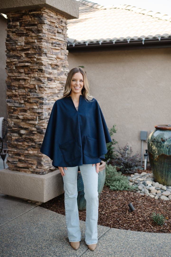 Deep Navy Blue Poncho with Pockets