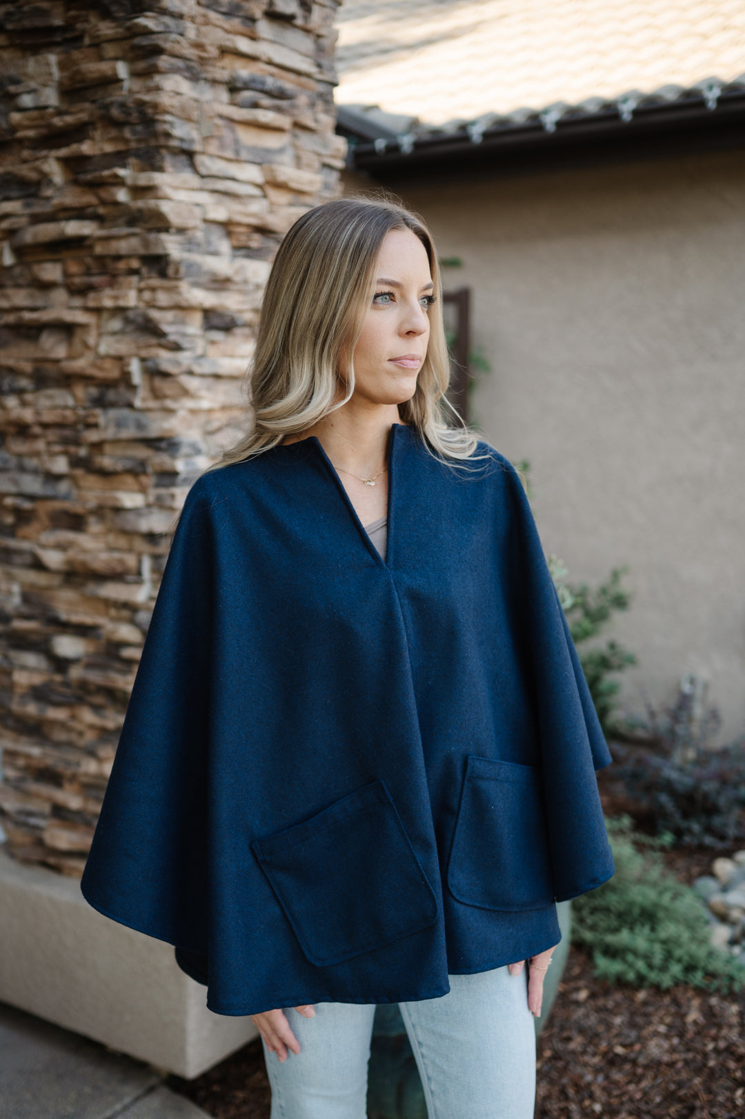 Deep Navy Blue Poncho with Pockets