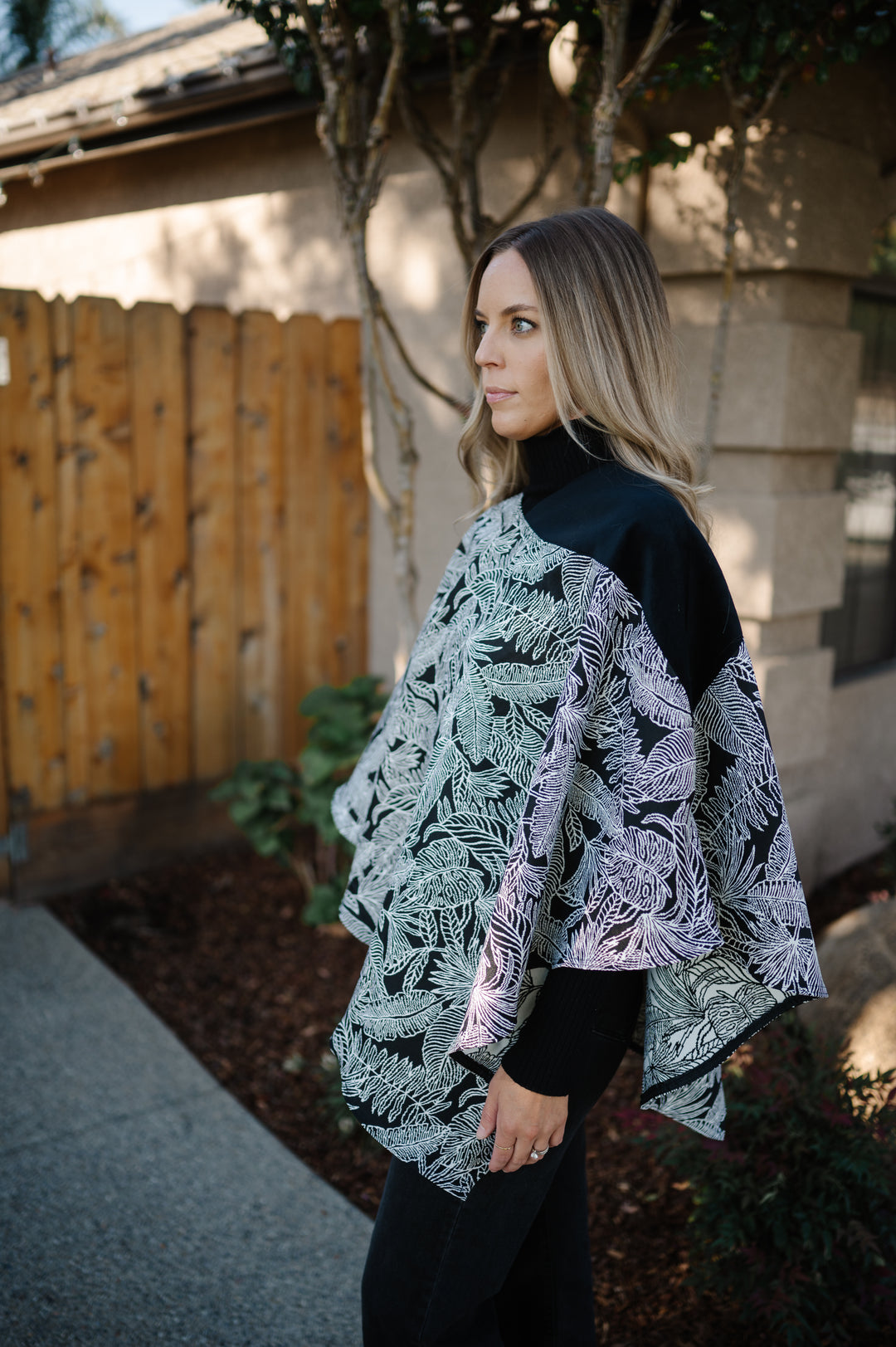 Black and White Floral with Black Ultra Suede Poncho