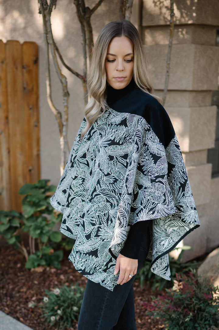 Black and White Floral with Black Ultra Suede Poncho